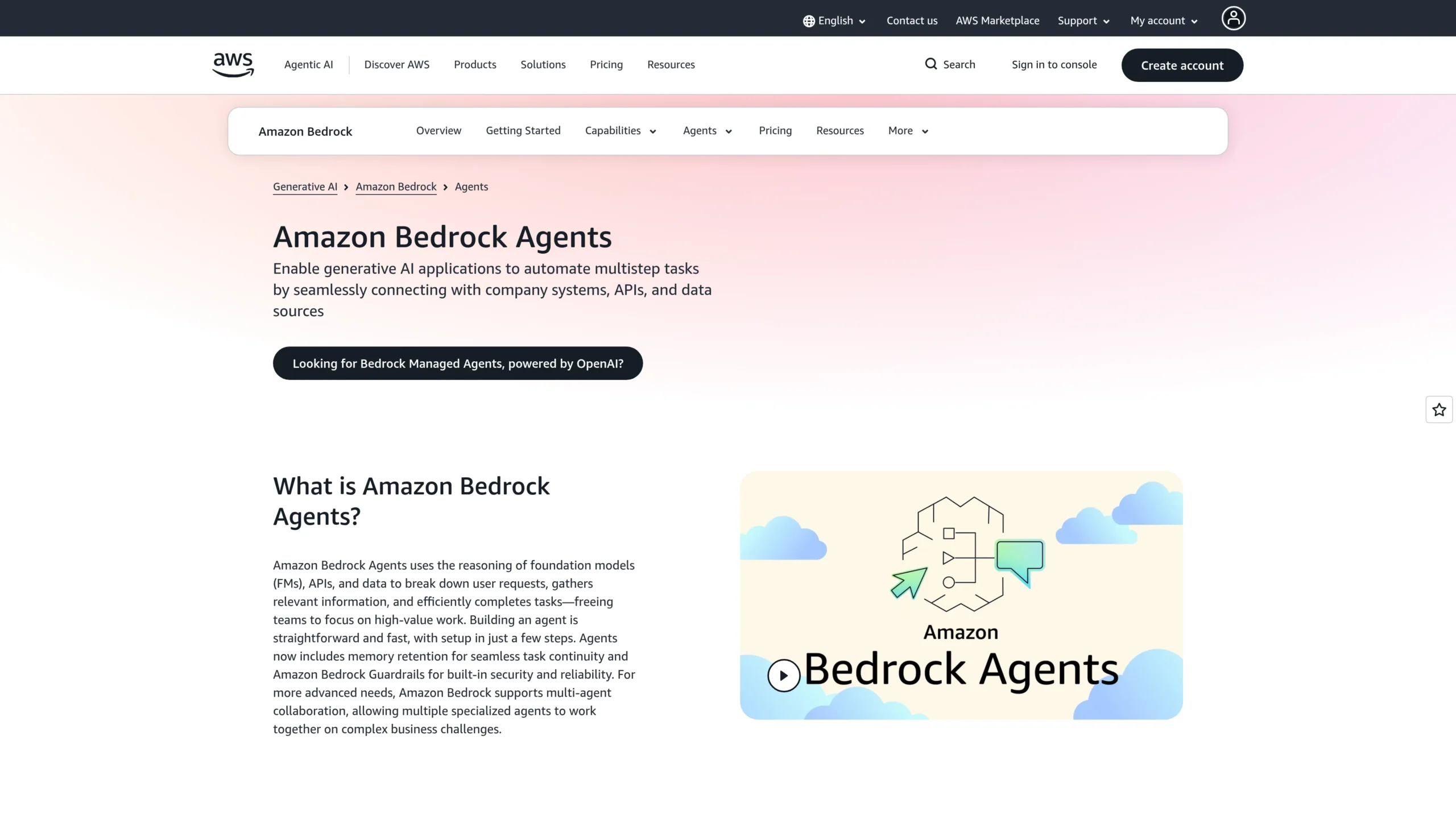 Amazon Bedrock Agents page showing AI agent tools for automating multistep enterprise workflow tasks.