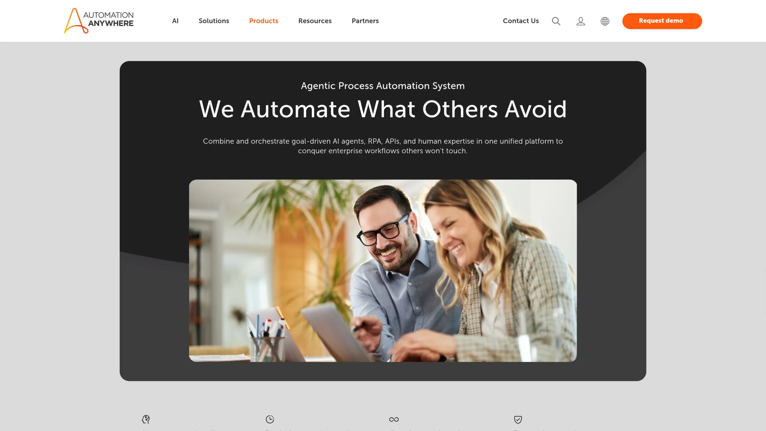 Automation Anywhere page showing agentic process automation for enterprise workflow automation.