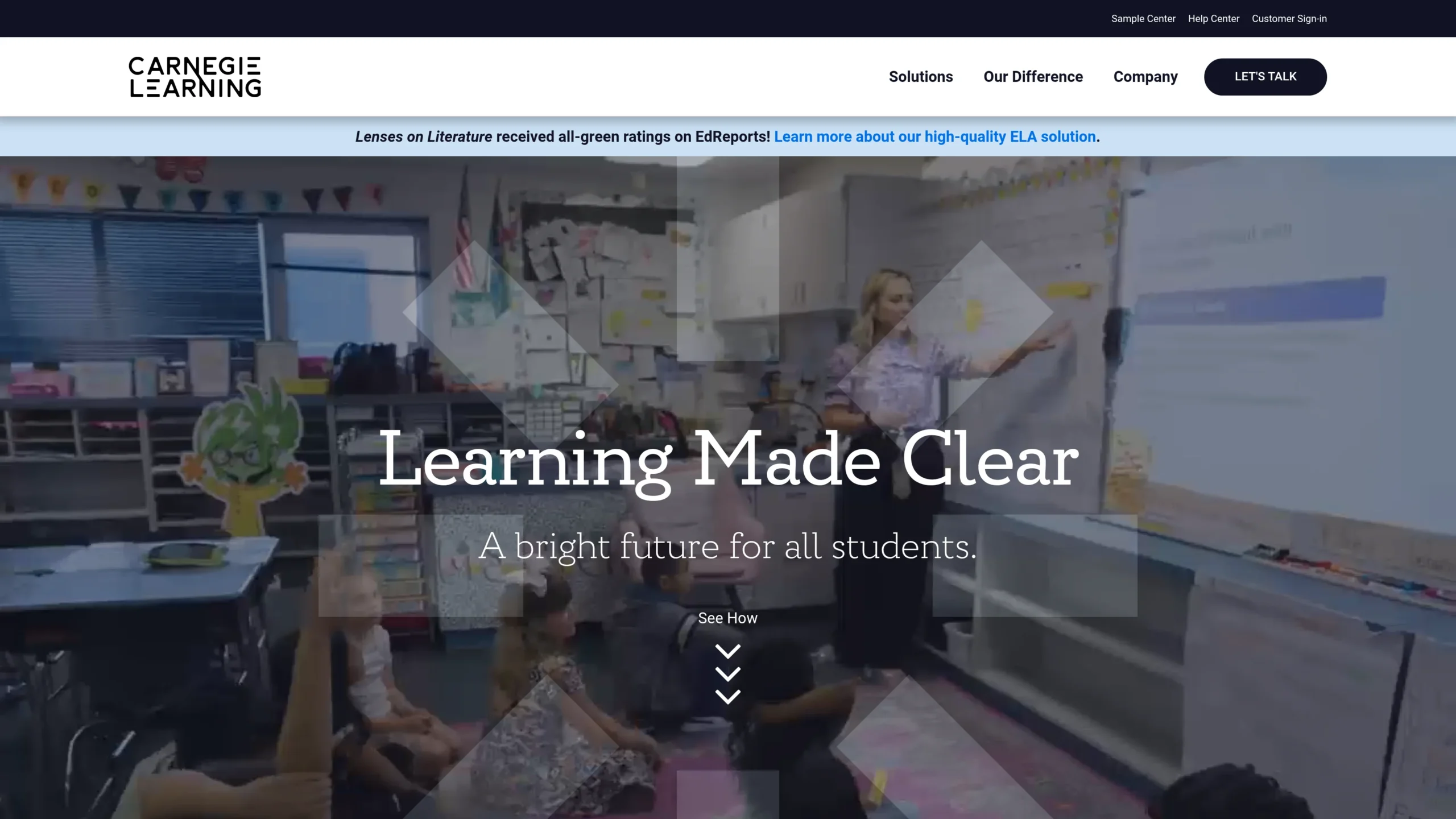 Carnegie Learning website showing "Learning Made Clear" messaging for K-12 classrooms