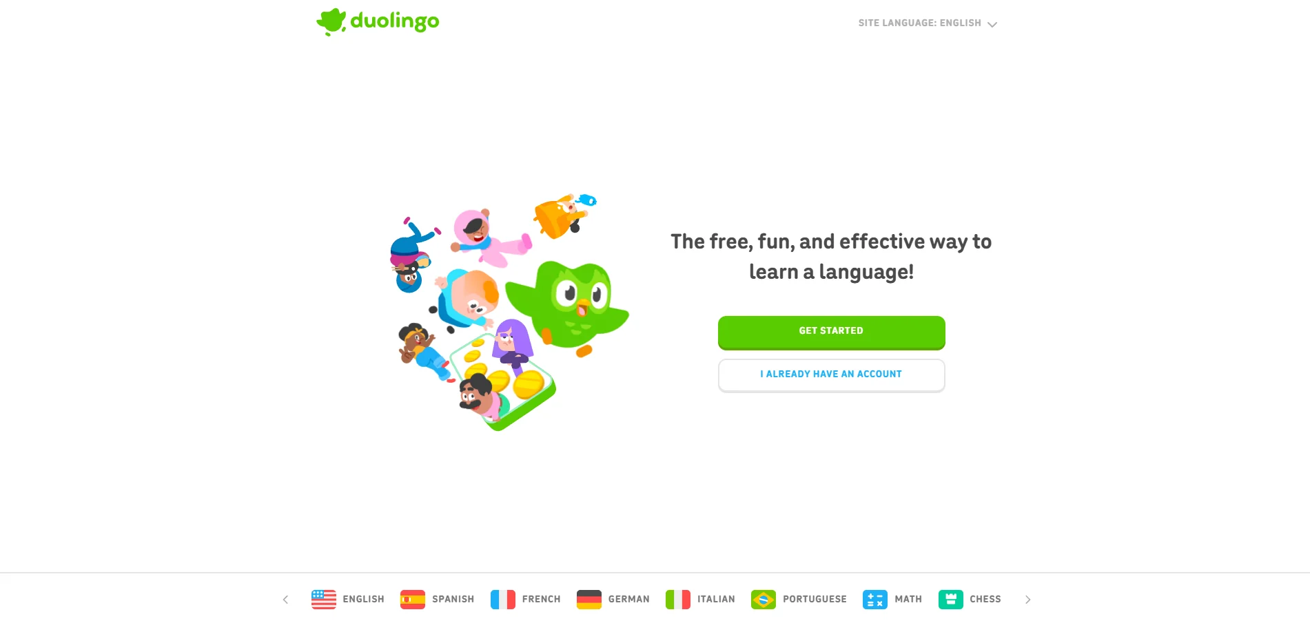 Duolingo homepage showcasing free, fun, and effective language learning using AI