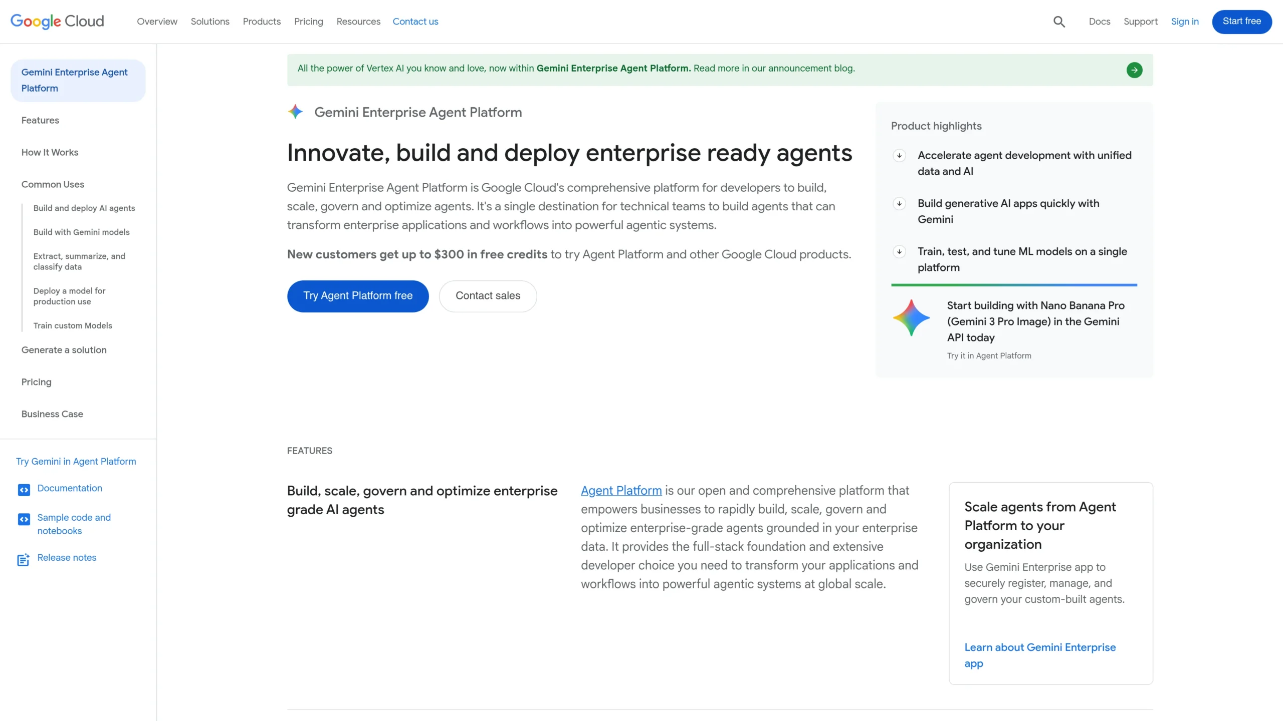 Google Gemini Enterprise Agent Platform page for building, deploying, and managing enterprise AI agents.