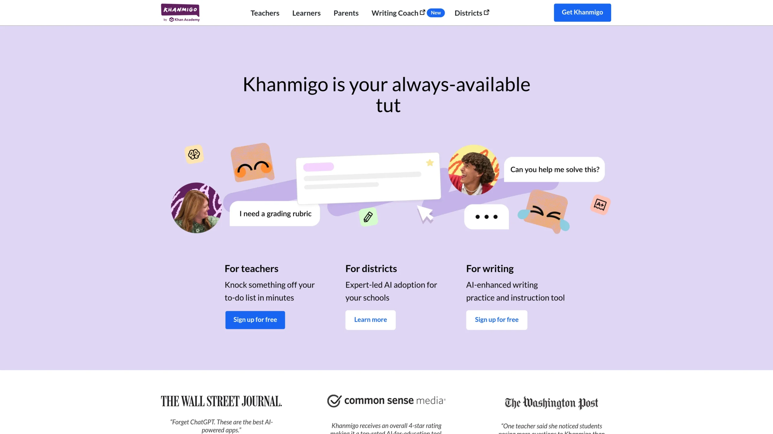 Khanmigo interface showing an always-available AI tutor for K-12 students and teachers