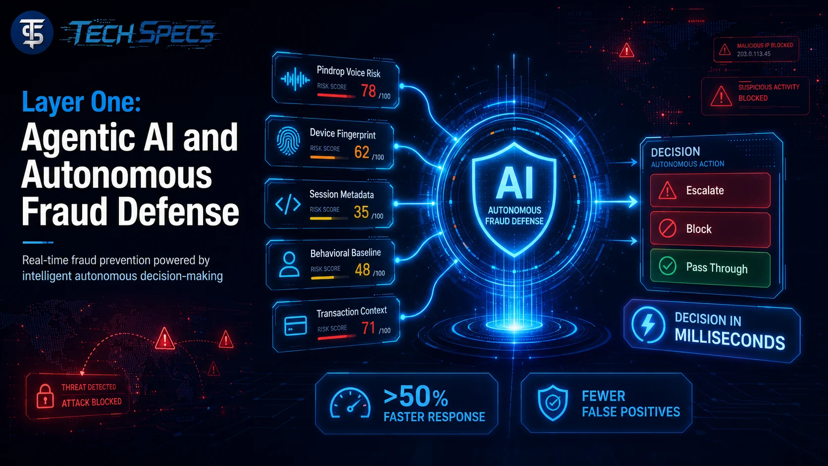 Futuristic section image showing agentic AI and autonomous fraud defense with real-time risk scoring, device fingerprinting, session metadata, and fraud decision automation.