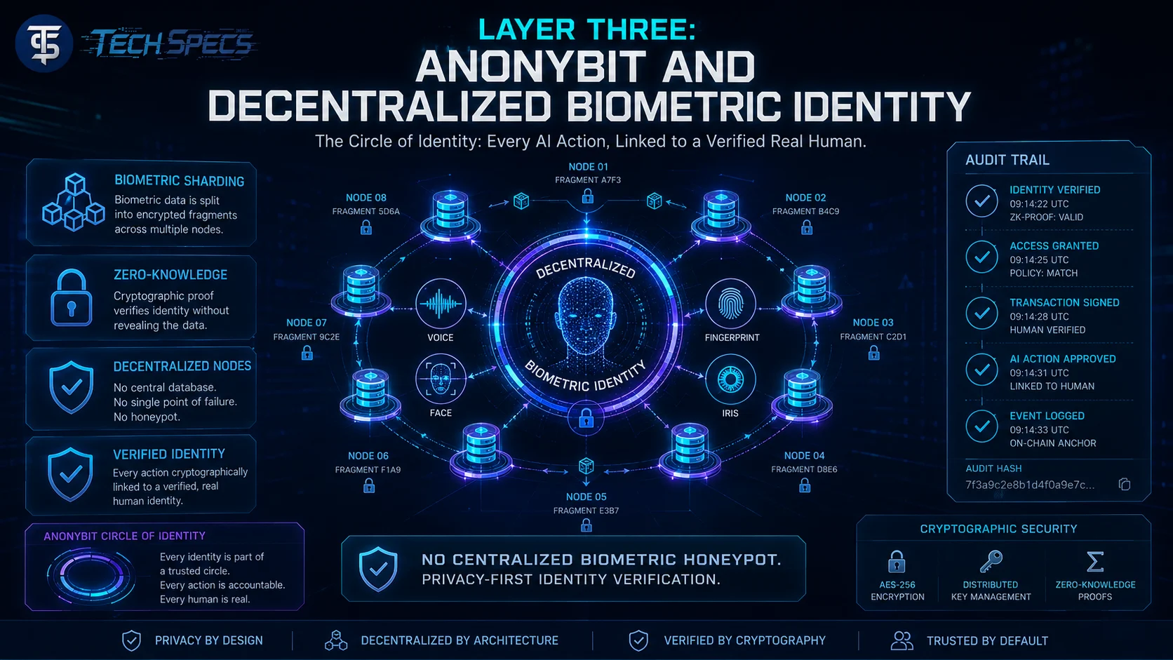 Futuristic section image showing Anonybit decentralized biometric identity with biometric sharding, zero-knowledge verification, decentralized nodes, and cryptographic audit trails.