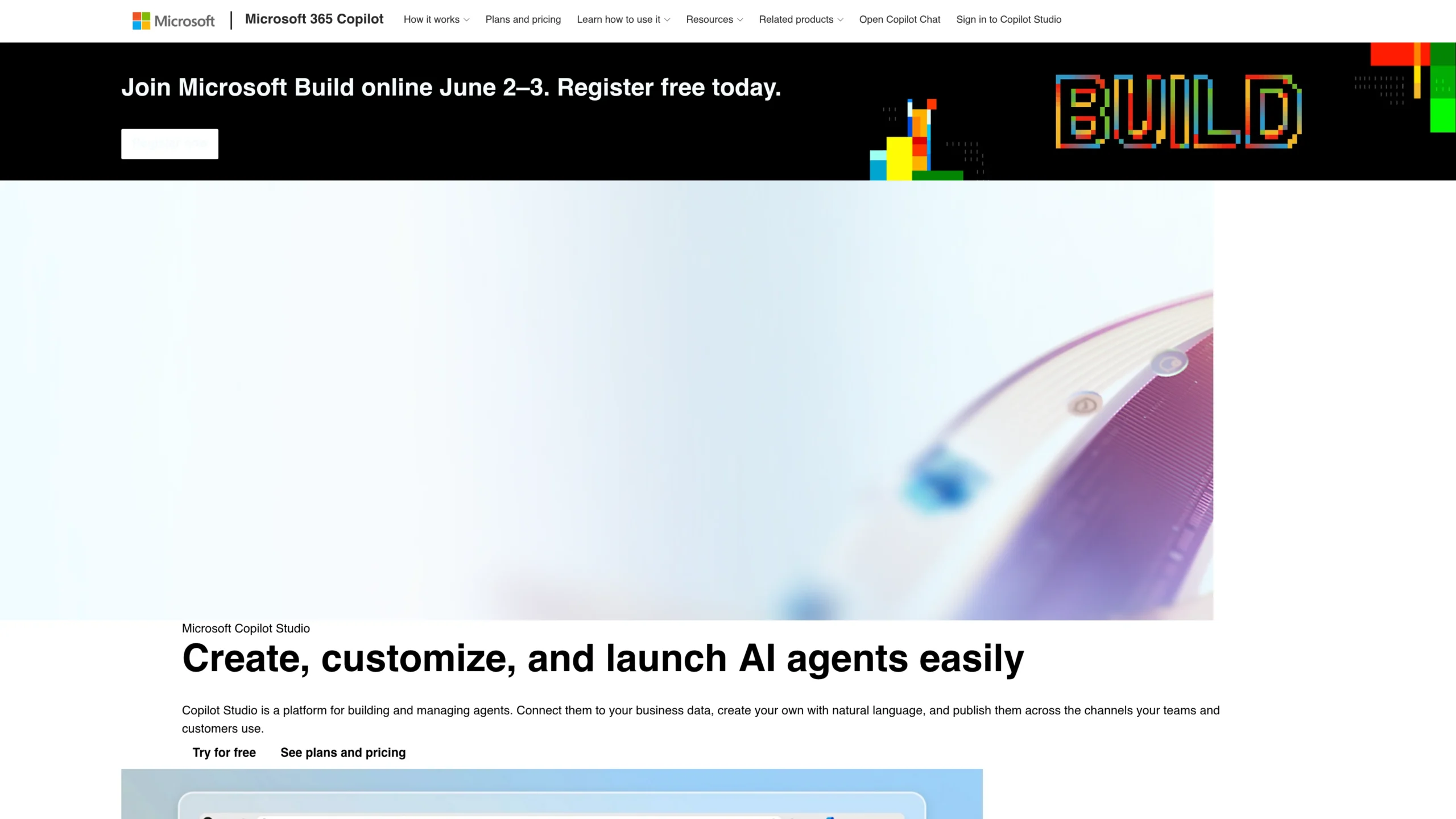 Microsoft Copilot Studio page showing tools to create, customize, and launch AI agents easily.