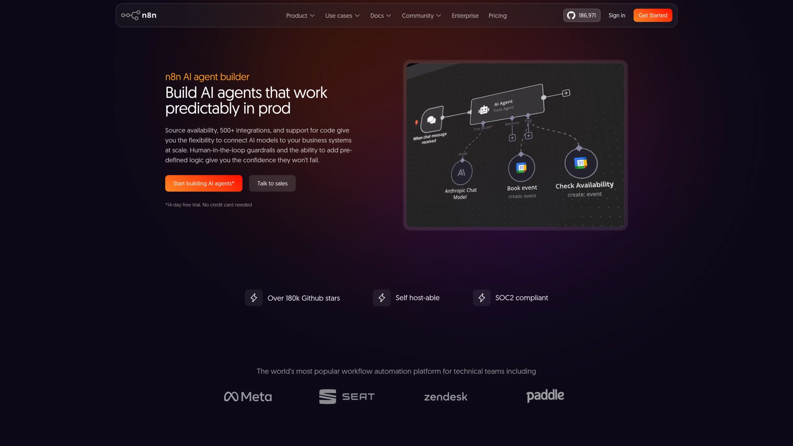 n8n AI agent builder page showing visual workflow automation for building AI agents.