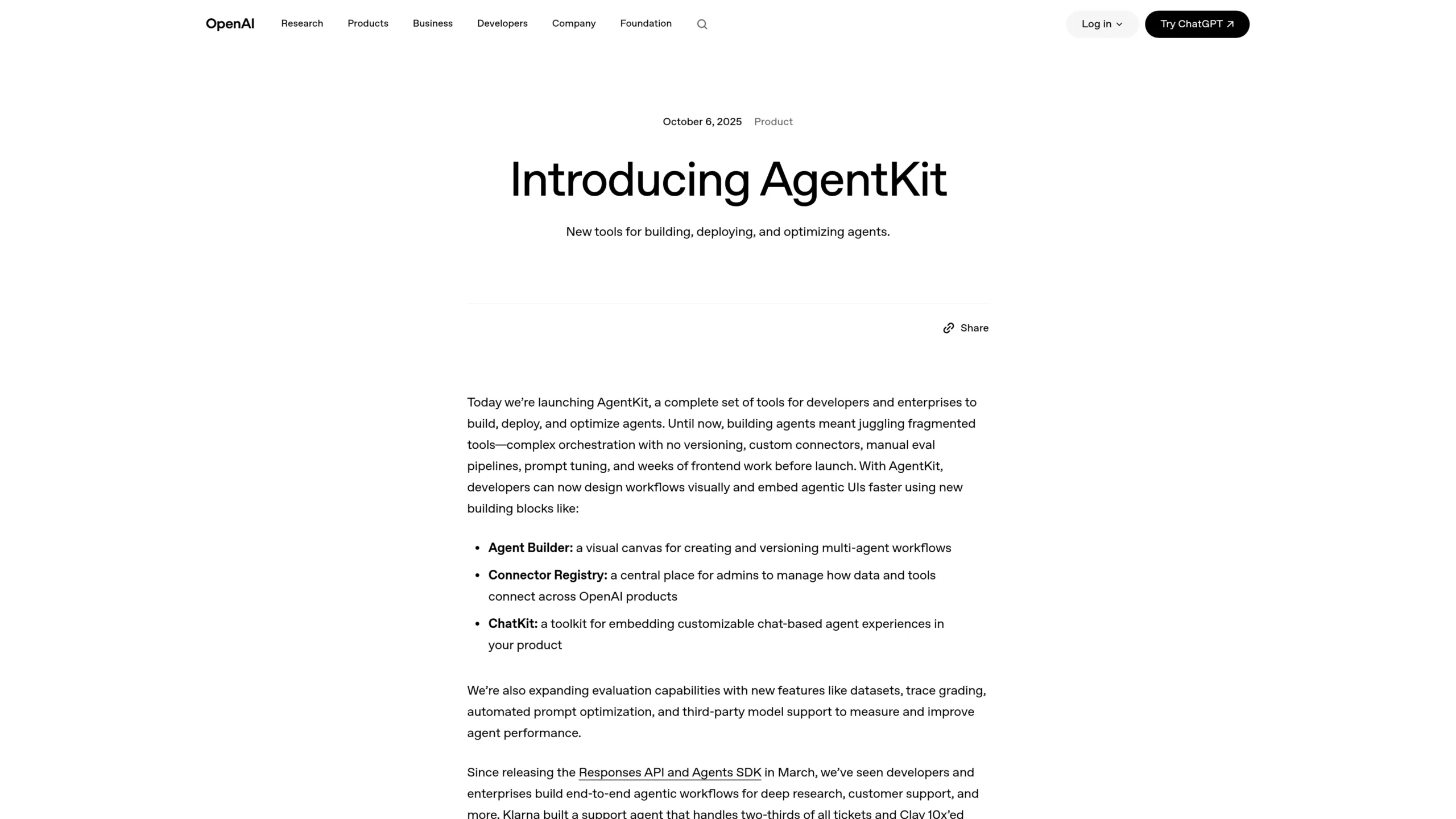 OpenAI AgentKit page introducing tools for building, deploying, and optimizing AI agents.