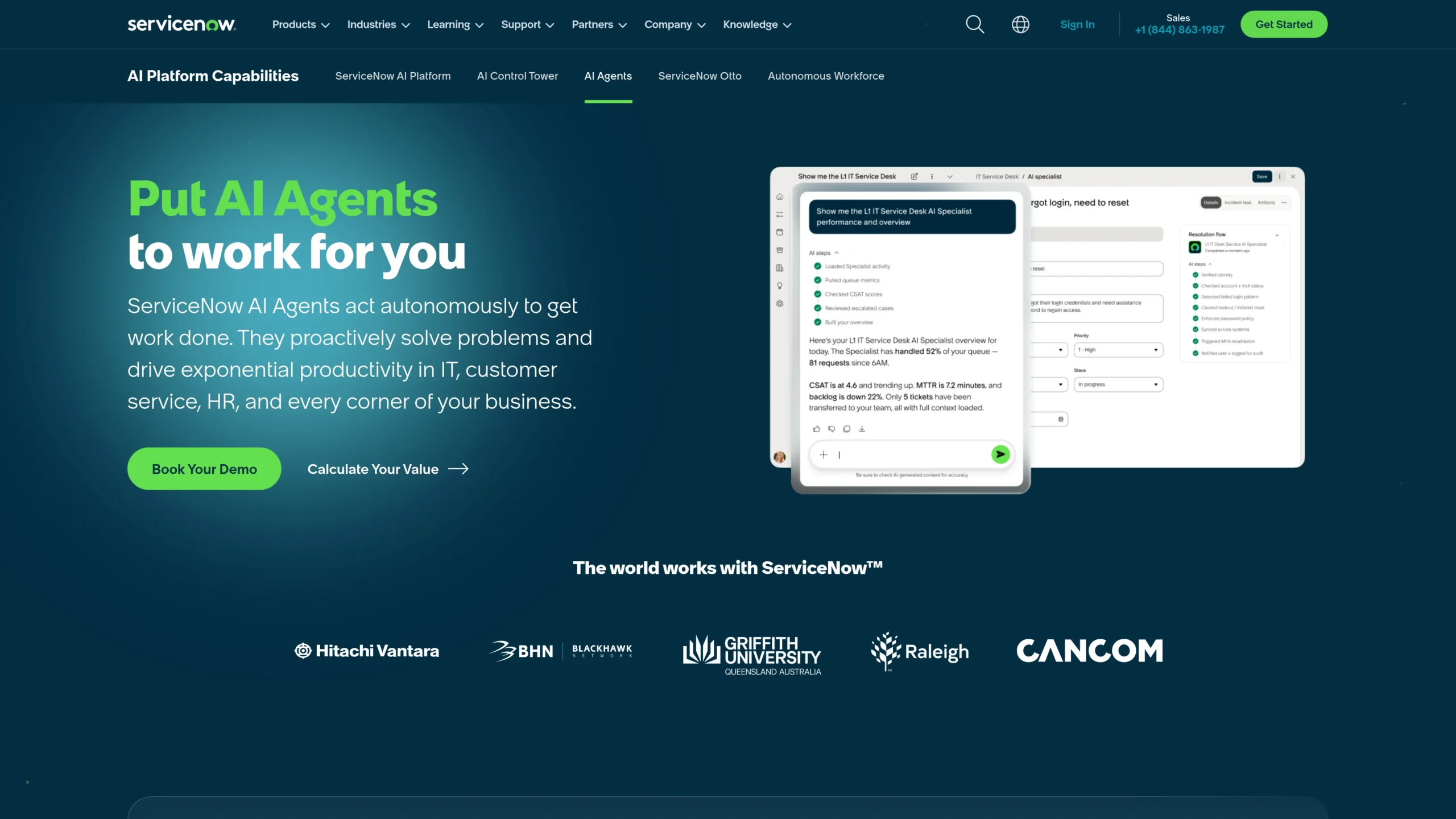 ServiceNow AI Agents page showing AI agents for IT, customer service, HR, and enterprise workflow automation.