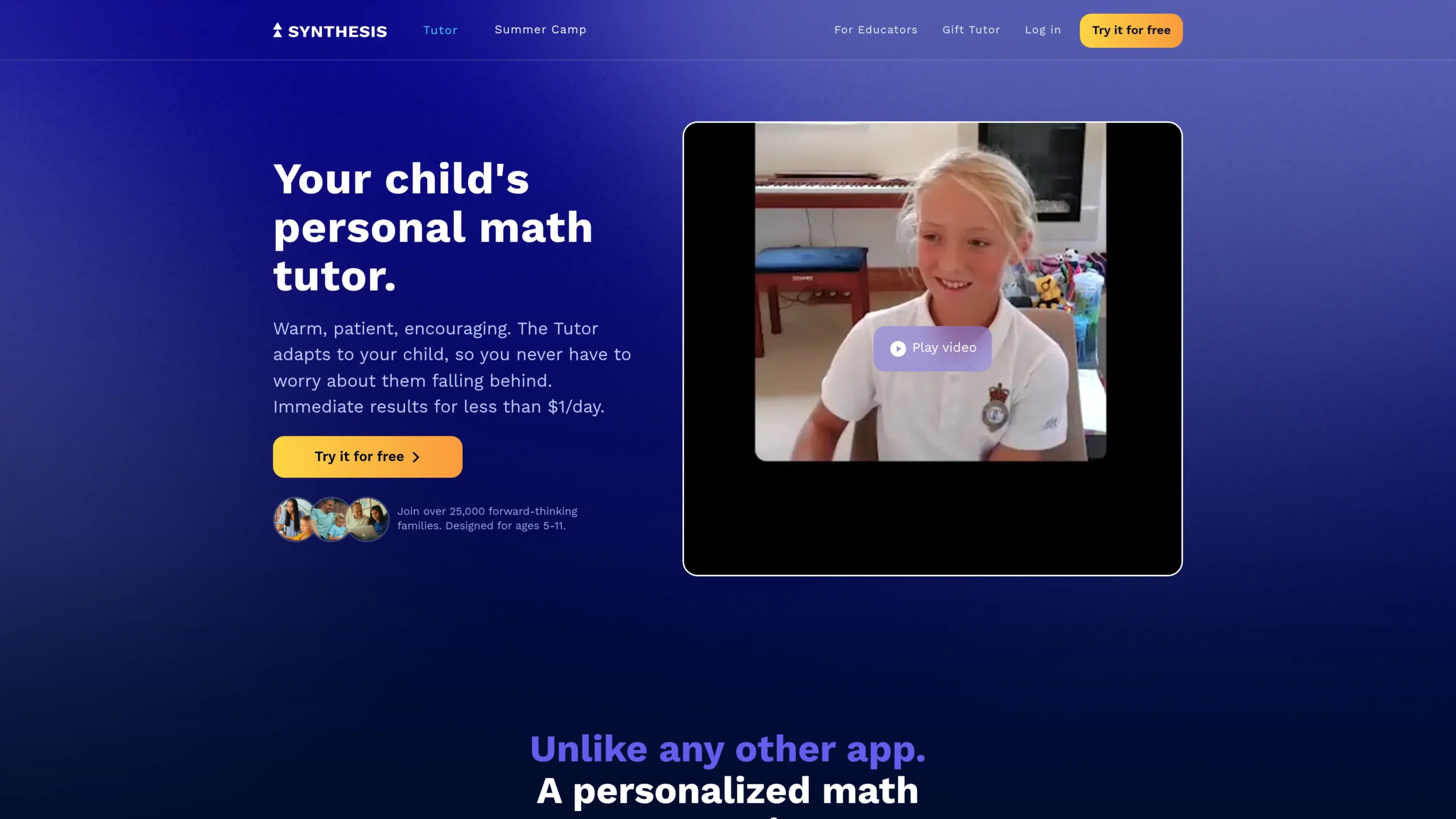 Synthesis platform showing personalized AI math tutoring for K-12 students