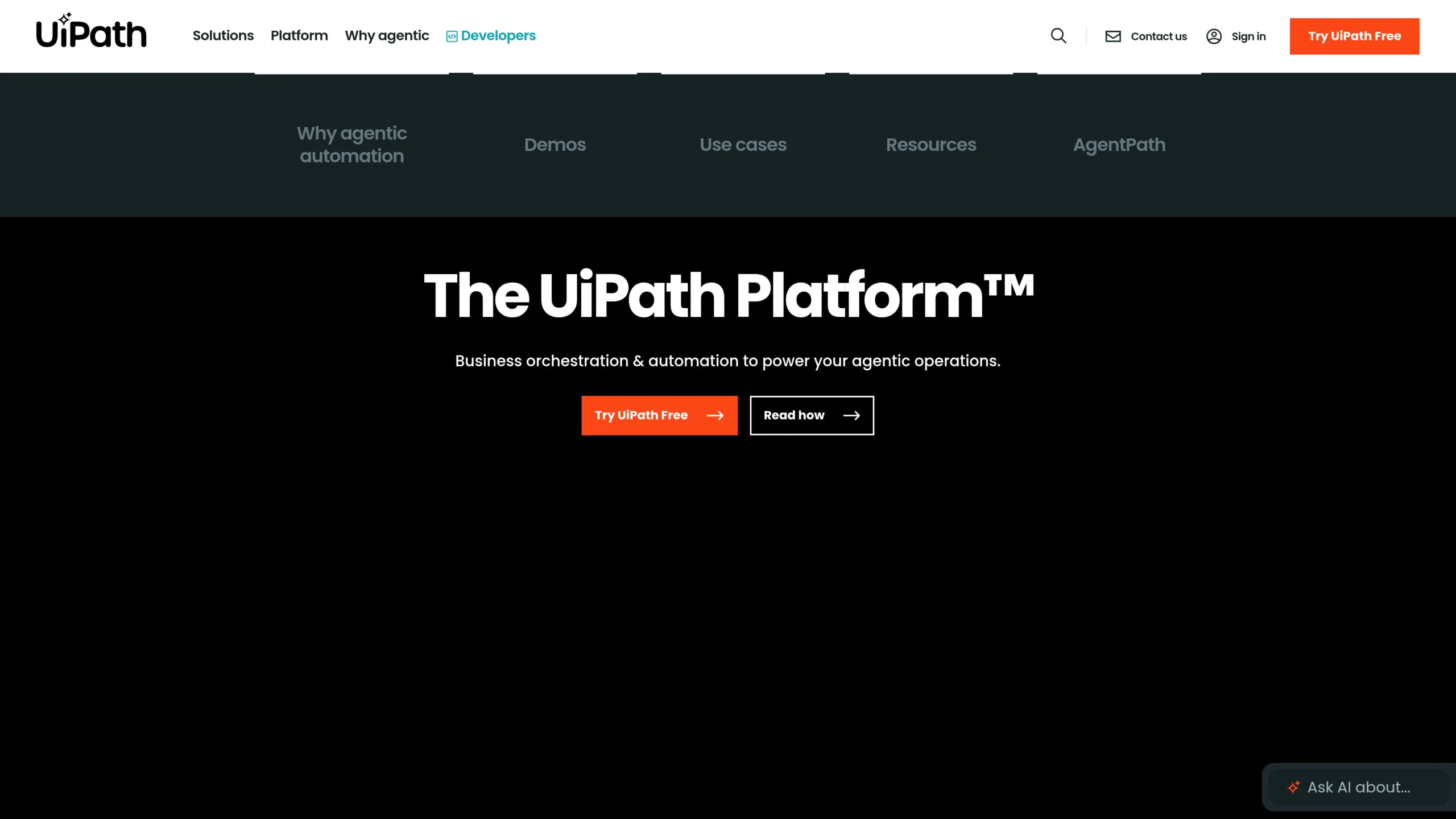 UiPath Platform page showing agentic automation for business orchestration and enterprise workflows.