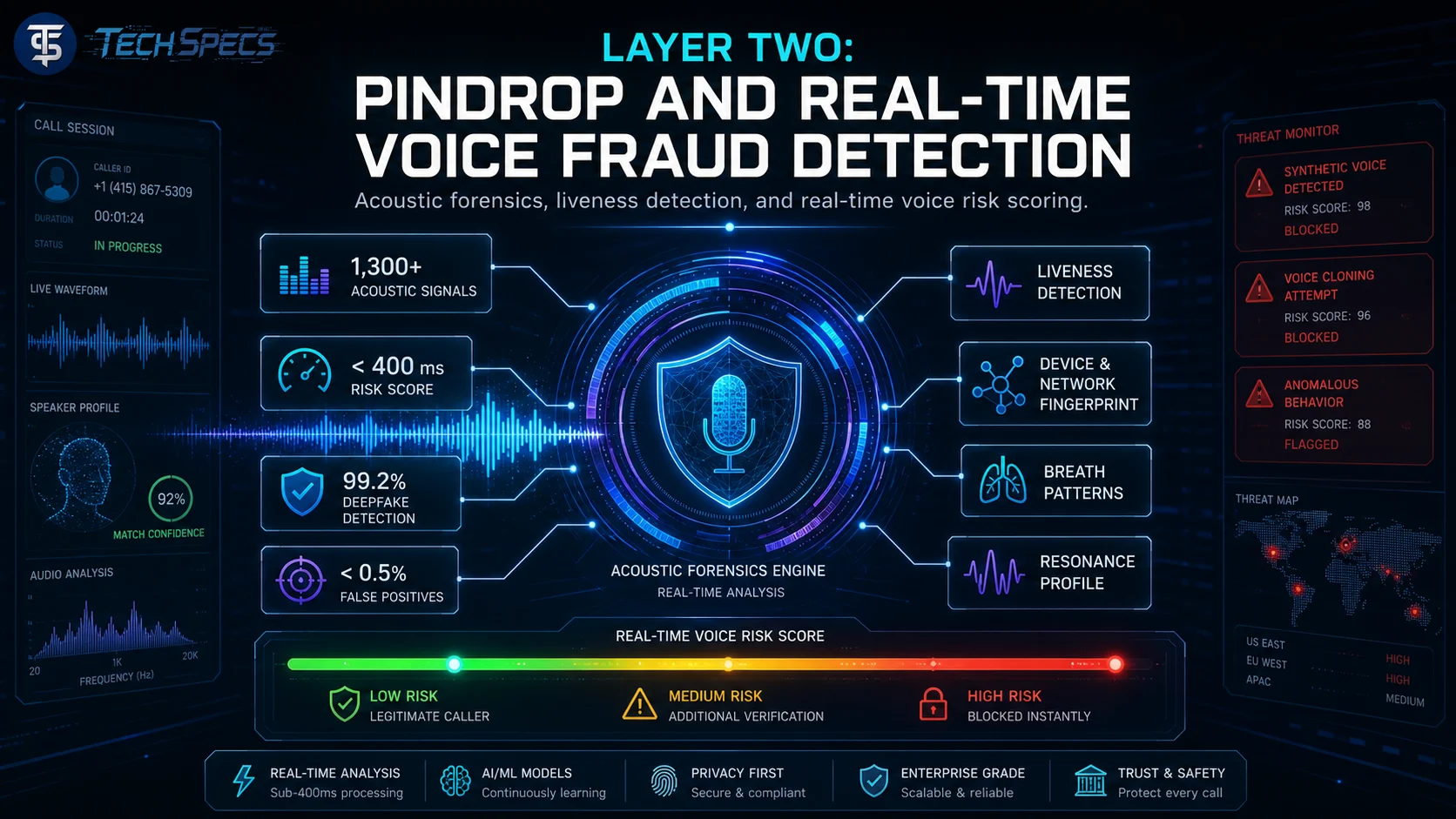 Pindrop’s real-time voice fraud detection dashboard with acoustic forensics and fraud prevention features.