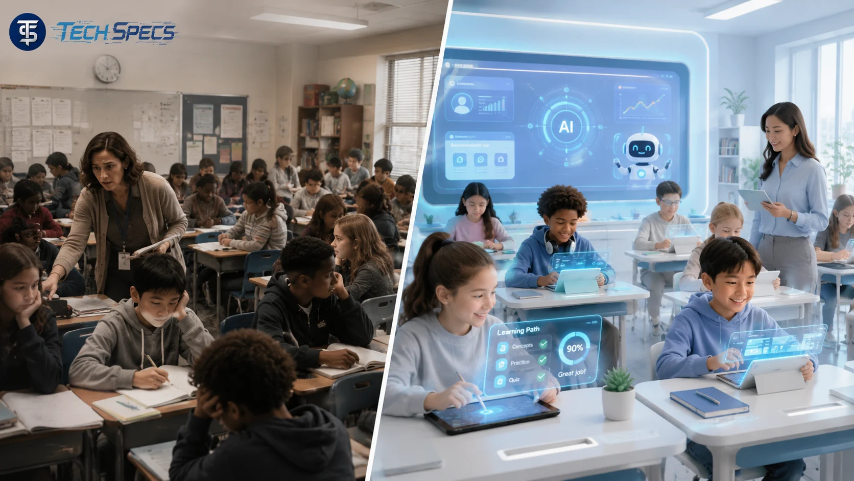 Comparison of traditional K-12 classroom and AI-powered classroom showing benefits of ai agent for education