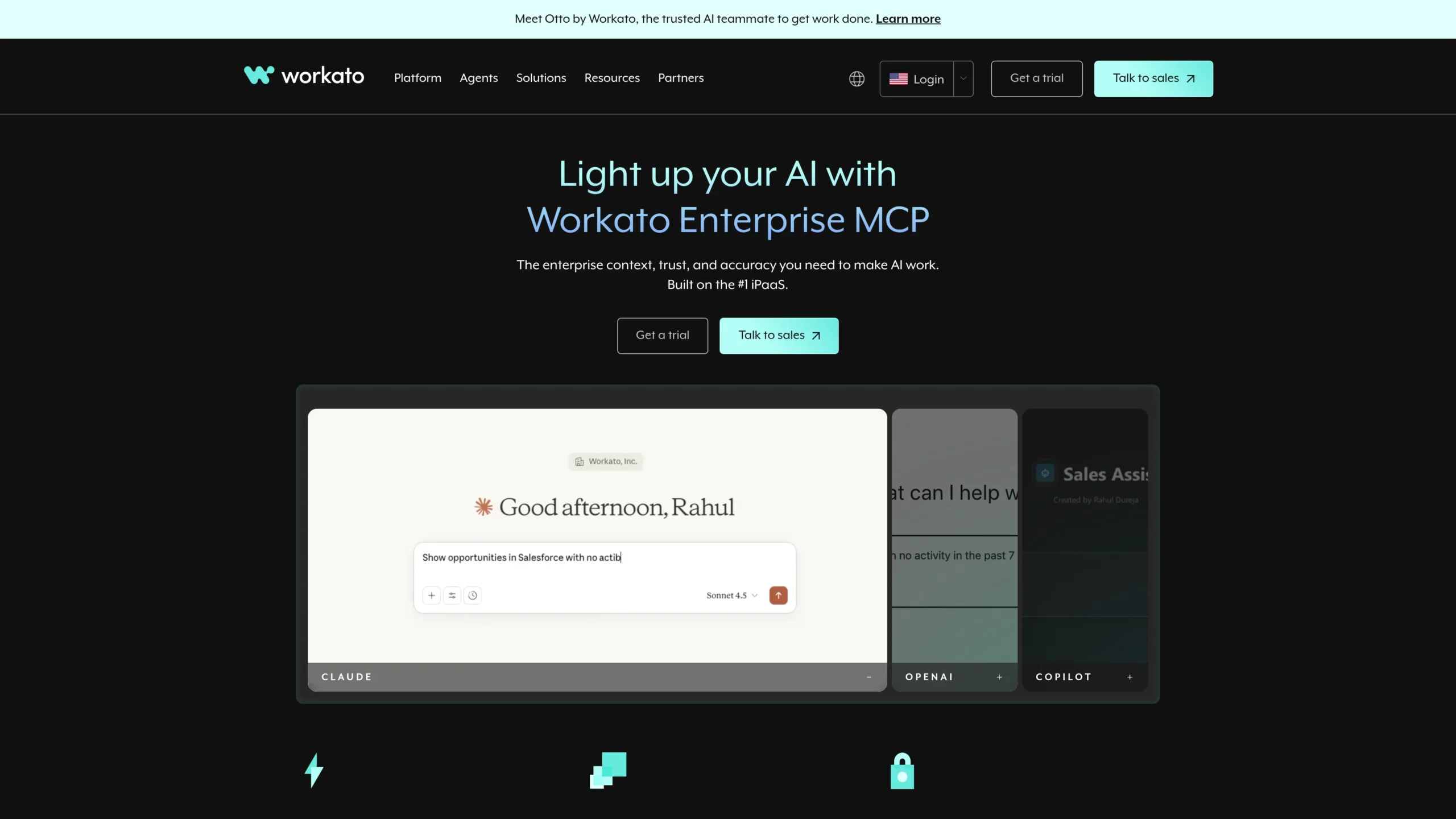 Workato Enterprise MCP page showing AI workflow automation and enterprise AI agent connectivity.