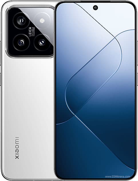 Xiaomi 14 shown from the front and back, with the Leica triple-camera island