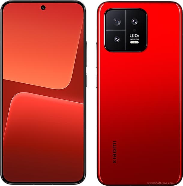 Xiaomi 13 shown from the front and back, with the Leica triple-camera island