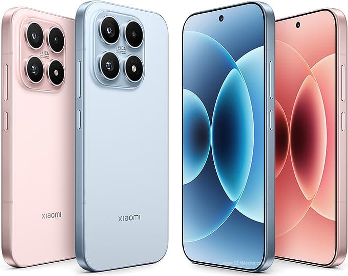 Xiaomi 17 in Ice Blue, showing the front display and the rear Leica triple camera
