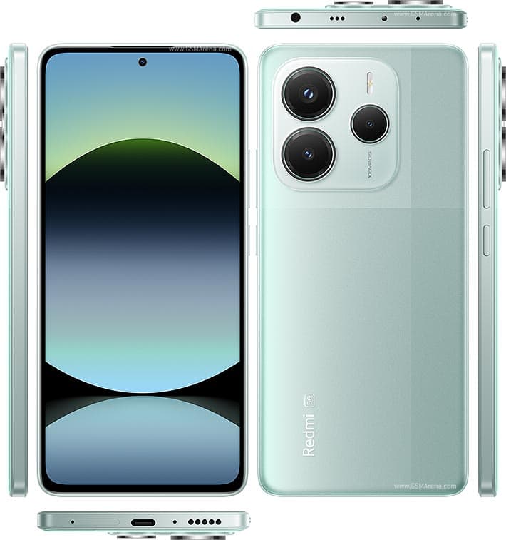 Xiaomi Redmi Note 14 5G shown from the front and back
