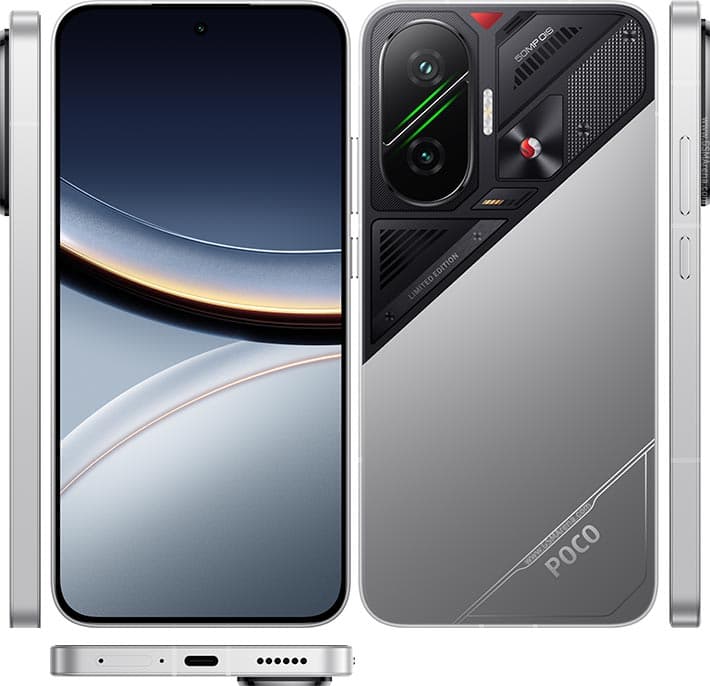 Xiaomi Poco F7 shown from the front and back