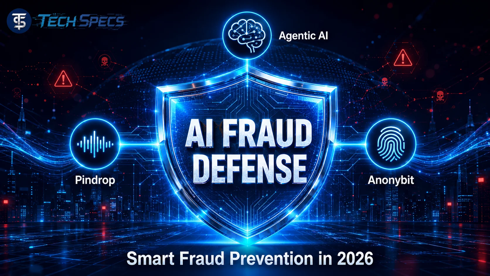 Agentic AI Pindrop Anonybit fraud defense shield showing voice fraud detection, autonomous fraud defense, and AI-powered fraud prevention in 2026