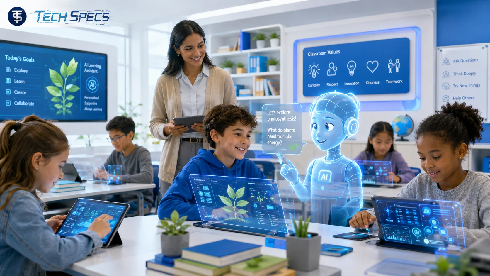 Diverse K-12 students using an ai agent for education in a modern digital classroom