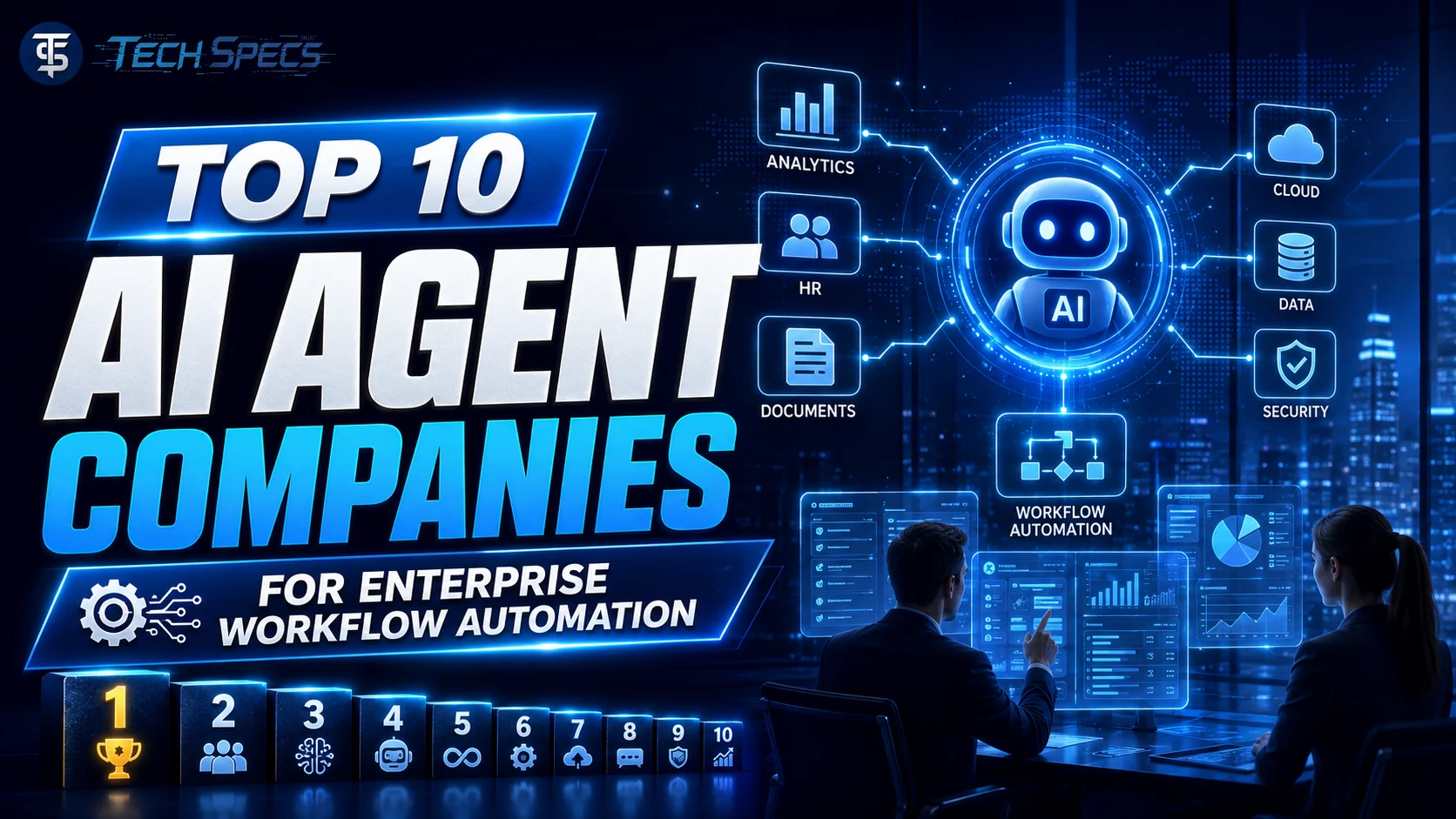 Top 10 AI agent companies for enterprise workflow automation thumbnail showing AI agent tools, workflow dashboards, and enterprise automation visuals.