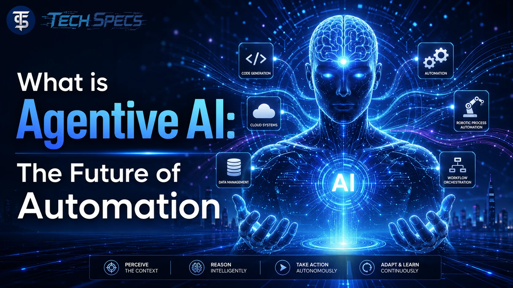 Visual representation of what is agentive AI showing autonomous intelligence and futuristic automation technology