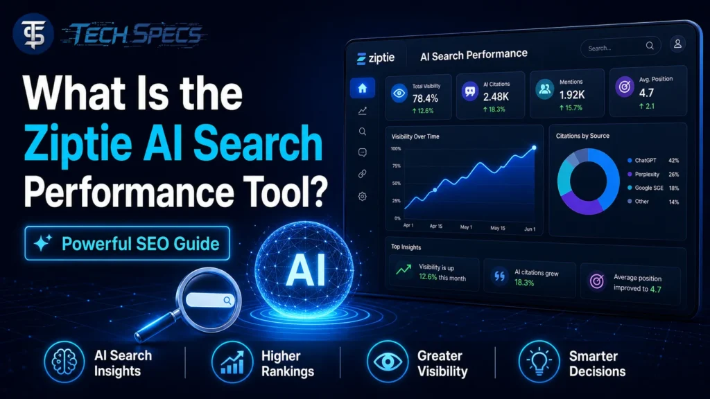Thumbnail showing What is the Ziptie AI Search Performance Tool with AI search visibility dashboard, SEO metrics, rankings, citations, and Tech Specs logo.